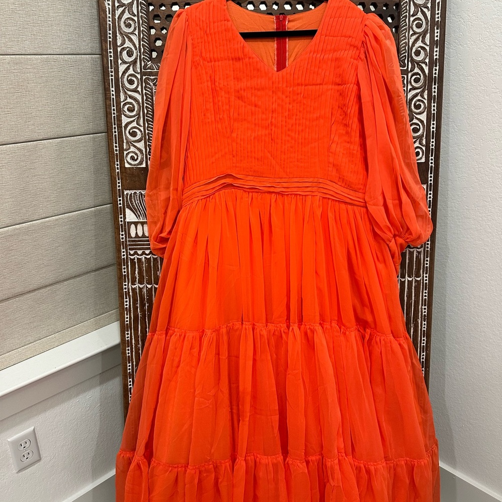 Orange Tiered Ruffled Sundress with Bishop Sleeves